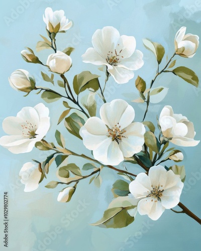 Vintage Inspired Floral Illustration on Soft Blue Background