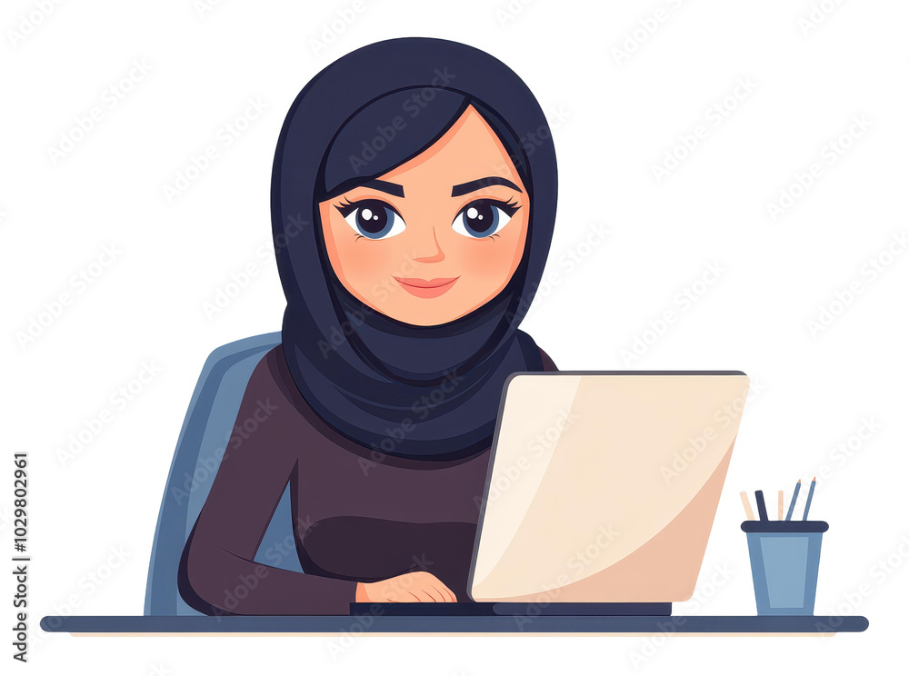 A modern cartoon depiction of a Muslim woman in hijab, focused on her work at a computer, showcasing empowerment and diversity. A modern cartoon depiction of a Muslim woman in hijab, focused on her work at a computer, showcasing empowerment and diversity.