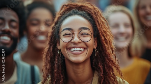 A detailed shot of a diverse group of people laughing together, their faces showing genuine joy and camaraderie, highlighting community and connection.