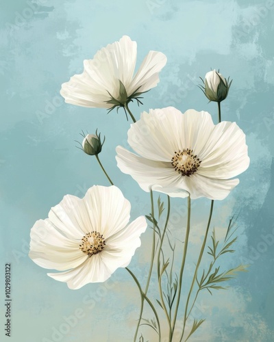 Vintage Inspired Floral Illustration on Soft Blue Background