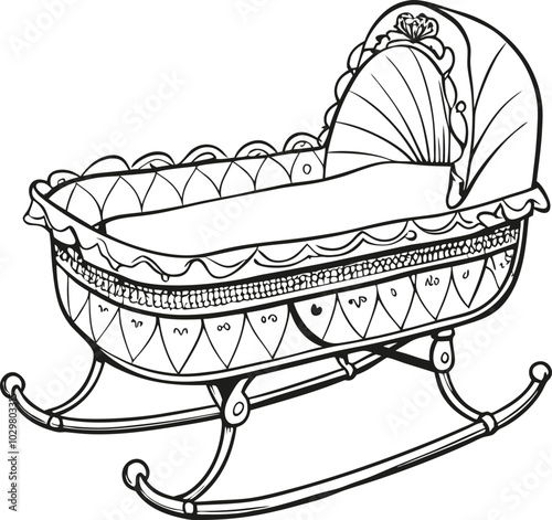 Vintage Baby Bassinet Illustration with Intricate Decorative Patterns