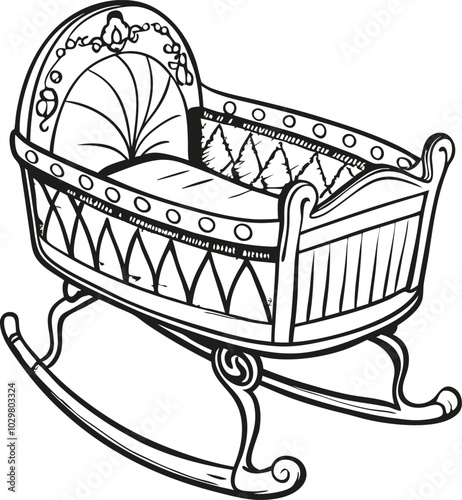 Vintage Baby Cradle Illustration: Detailed Line Art of Antique Rocking Bassinet