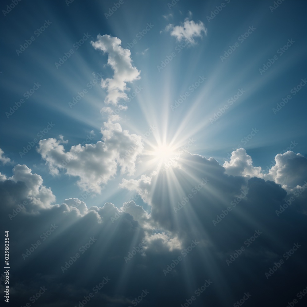 Radiant sunburst with dramatic rays piercing through clouds in blue sky Radiant sunburst with dramatic rays piercing through clouds in blue sky