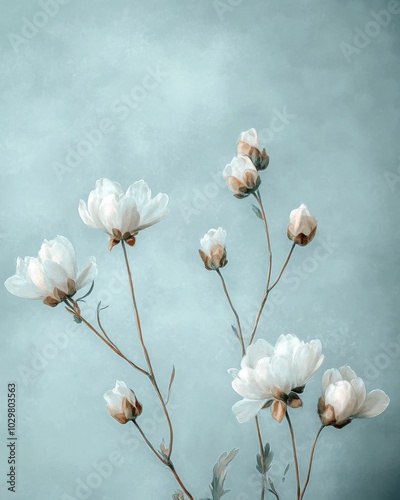 Vintage Inspired Floral Illustration on Soft Blue Background