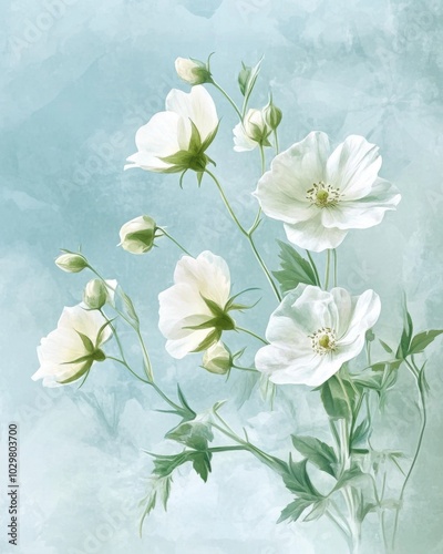 Vintage Inspired Floral Illustration on Soft Blue Background