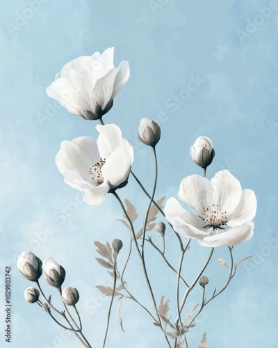 Vintage Inspired Floral Illustration on Soft Blue Background