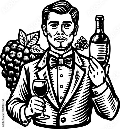 Vintage Wine Enthusiast with Grapes and Bottle in Hand-Drawn Style