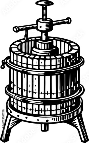 Vintage Wine Press Illustration: Rustic Barrel Design for Winemaking Concepts