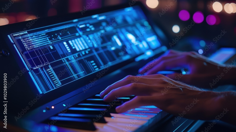 A detailed shot of fingers playing a digital piano keyboard, with virtual sheet music displayed on a nearby screen, blending music and technology. A detailed shot of fingers playing a digital piano keyboard, with virtual sheet music displayed on a nearby screen, blending music and technology.
