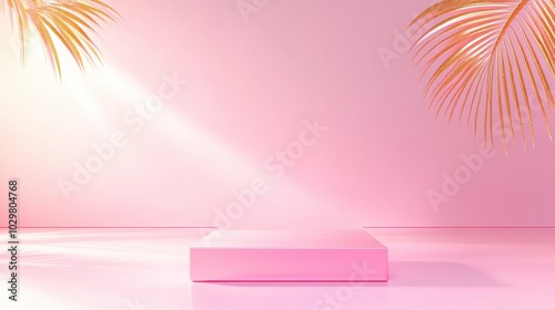 A pink square with gold leaf designs on it. The background is illuminated by sunlight