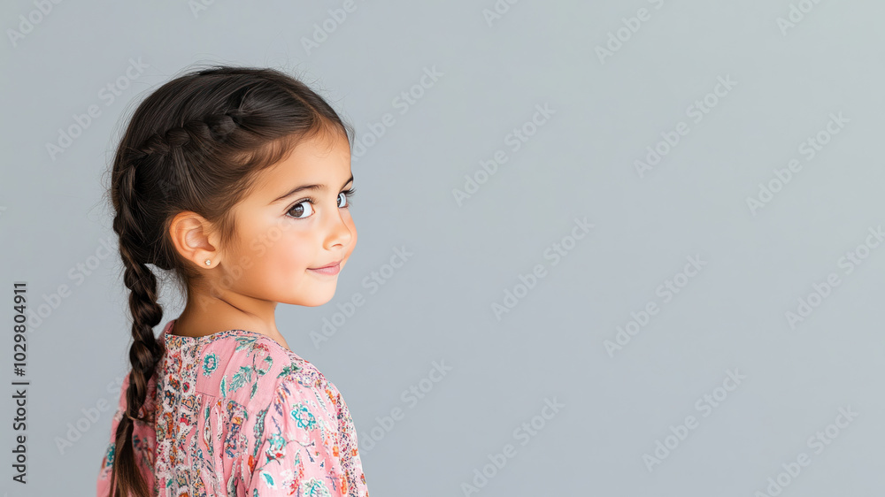 Australian little girl wearing moroccan kaftan isolated on grey Australian little girl wearing moroccan kaftan isolated on grey