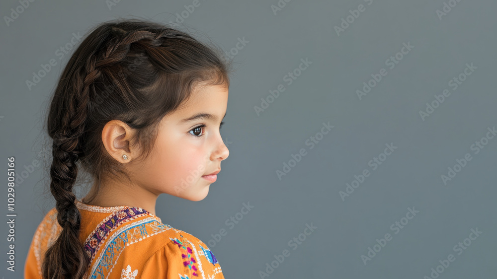 French little girl wearing moroccan kaftan isolated on gray French little girl wearing moroccan kaftan isolated on gray