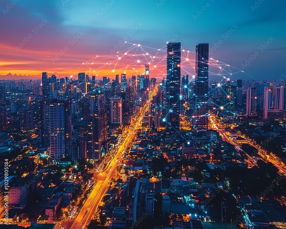 Exploration of smart city technology, emphasizing the use of IoT and AI to create efficient, connected, and sustainable urban environments Exploration of smart city technology, emphasizing the use of IoT and AI to create efficient, connected, and sustainable urban environments