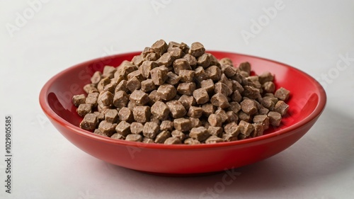 A vibrant red bowl filled with nutritious dry pet food displayed on a neutral backdrop for pet care enthusiasts