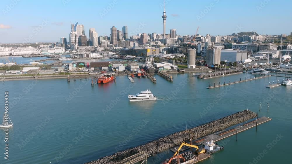 Aerial: Westhaven marina looking back to Auckland city, New Zealand
