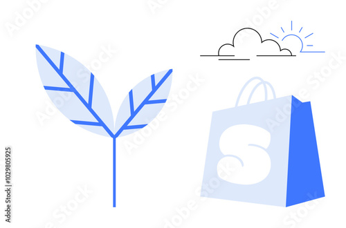 Leaf with blue veins, shopping bag with letter, sun partly covered by clouds. Ideal for eco-friendly shopping, sustainability, nature, retail, environmental awareness. Simple vector style