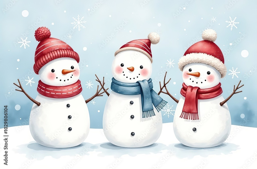 Set of cute watercolor little snowmen with hats and scarfs Set of cute watercolor little snowmen with hats and scarfs