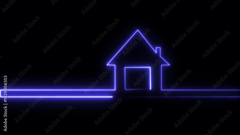 Glowing neon line Map pointer with house icon isolated on black background. Glowing neon line Map pointer with house icon isolated on black background.