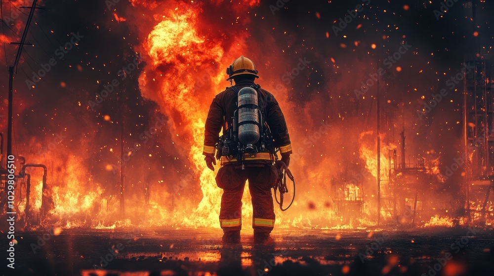 Courageous Firefighter Facing Intense Blaze Courageous Firefighter Facing Intense Blaze