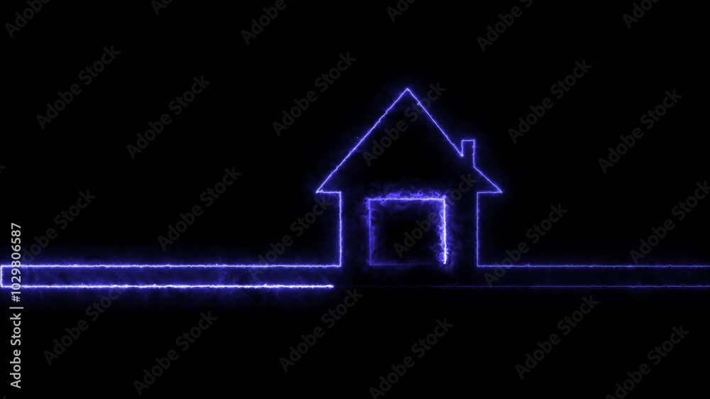 Glowing neon line Map pointer with house icon isolated on black background. Glowing neon line Map pointer with house icon isolated on black background.
