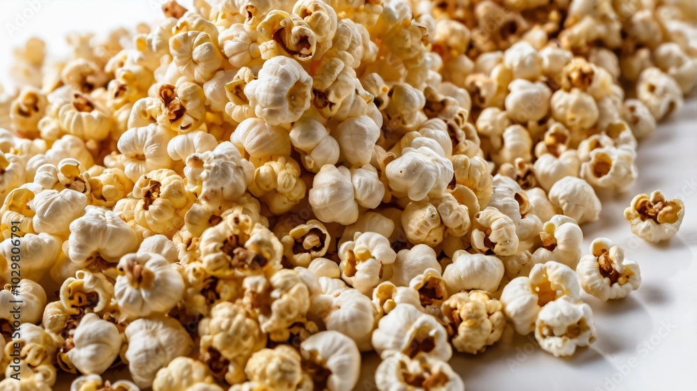 Obraz premium Freshly popped popcorn piled high on a white surface ready to enjoy during a movie night or snack time