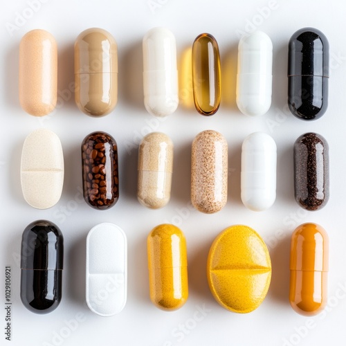 A variety of capsules and supplements arranged on a white background.