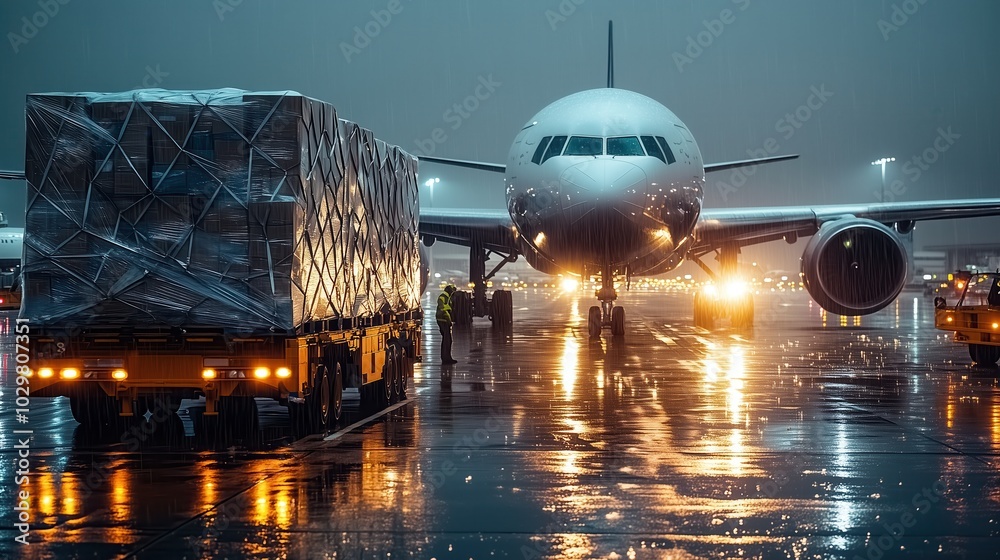 Cargo aircraft is positioned on a rainy airport runway, showcasing logistics and transport operations. The illuminated scene highlights the dynamic movement of goods by air at night. Cargo aircraft is positioned on a rainy airport runway, showcasing logistics and transport operations. The illuminated scene highlights the dynamic movement of goods by air at night.