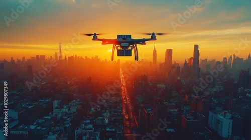 Drone Over Cityscape at Sunset for Global Business. Stunning aerial view of a drone flying over a city skyline at sunset, symbolizing innovation and connectivity in global business and logistics.