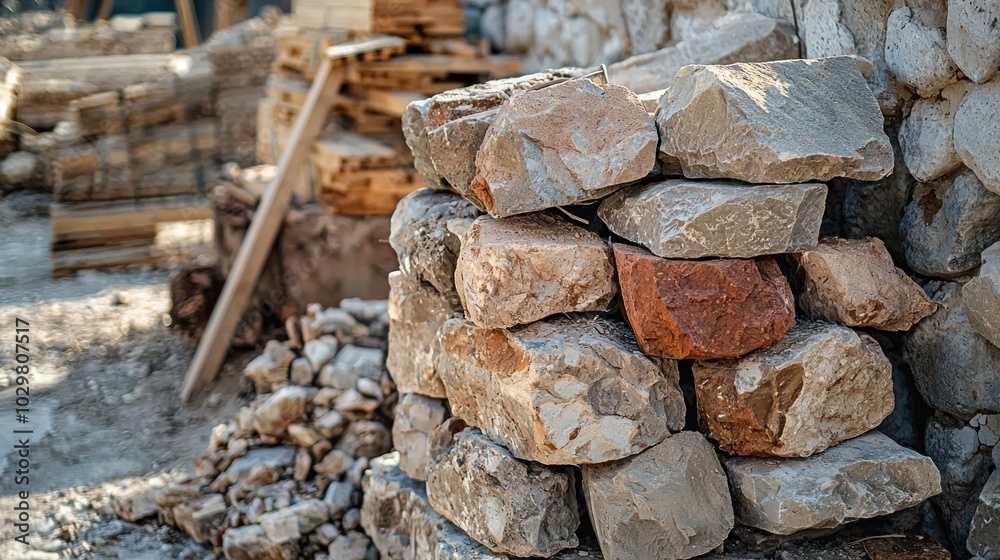 Unprocessed materials like stone, wood, and clay stacked at a construction site. Unprocessed materials like stone, wood, and clay stacked at a construction site.