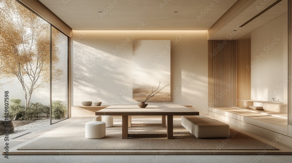 A minimalist dining area with a simple wooden table, neutral chairs, and soft lighting, embodying the essence of quiet luxury in a serene setting. A minimalist dining area with a simple wooden table, neutral chairs, and soft lighting, embodying the essence of quiet luxury in a serene setting.