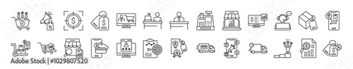 Ecommerce thin line icon set. Containing Customer Experience, Promotion, Focus, Pricing, Staff Ecommerce