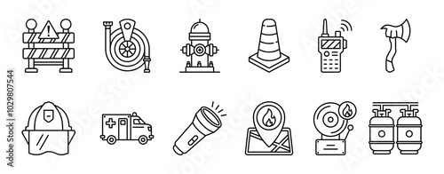 Fire fighter thin line icon set. Containing barrier, fire, hose, hydrant, cone, walkie talkie
