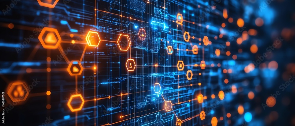 Fototapeta premium Dynamic abstract background with a focus on financial technology symbols, representing the evolution of fintech in a visually striking manner