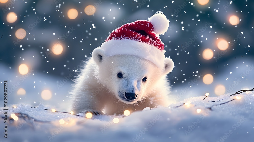 A cute polar bear cub wearing a Christmas hat A cute polar bear cub wearing a Christmas hat