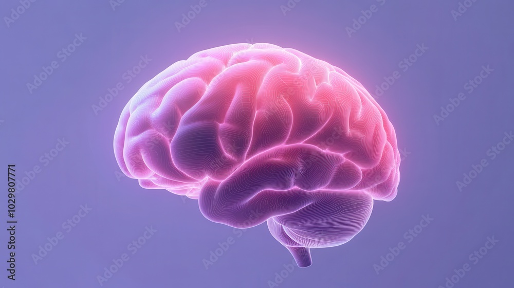 A pink brain with a purple outline. The brain is shown in a 3D form. The pink and purple colors give the brain a sense of life and energy A pink brain with a purple outline. The brain is shown in a 3D form. The pink and purple colors give the brain a sense of life and energy