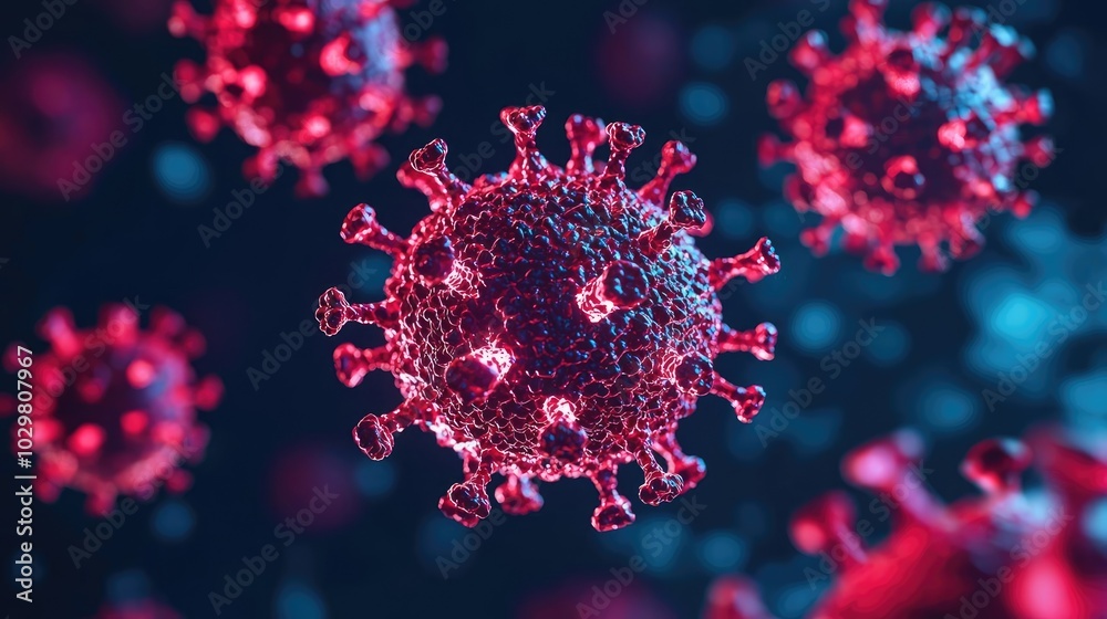 Close-up of a virus structure against a dramatic, colorful background. Close-up of a virus structure against a dramatic, colorful background.