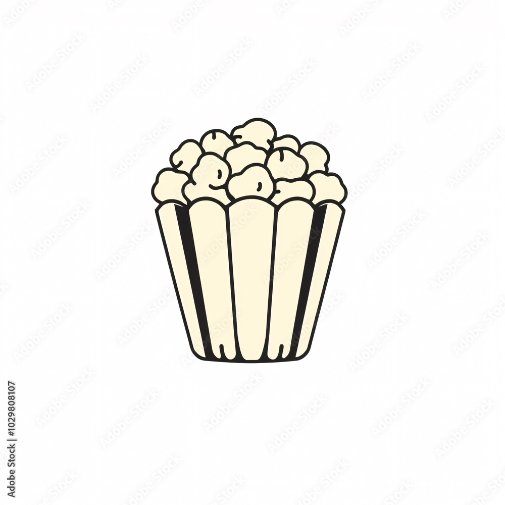 Simple illustration of a classic popcorn bucket filled with fluffy popcorn against a plain background