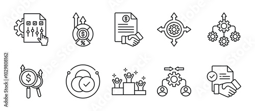 Merger thin line icon set. Containing control, dividend, contract, expansion, consolidation