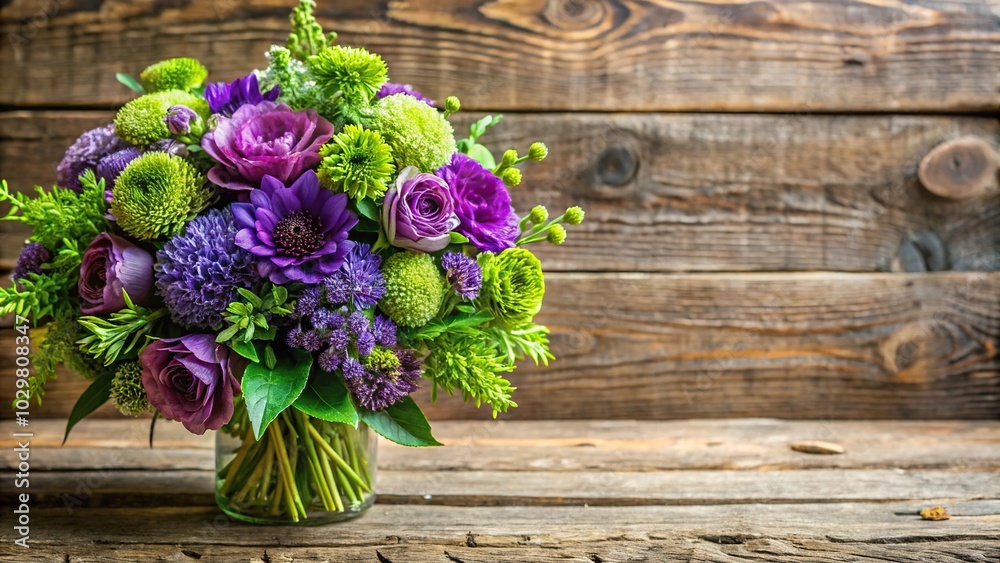 Rustic bouquet of purple and green spring flowers Rustic bouquet of purple and green spring flowers