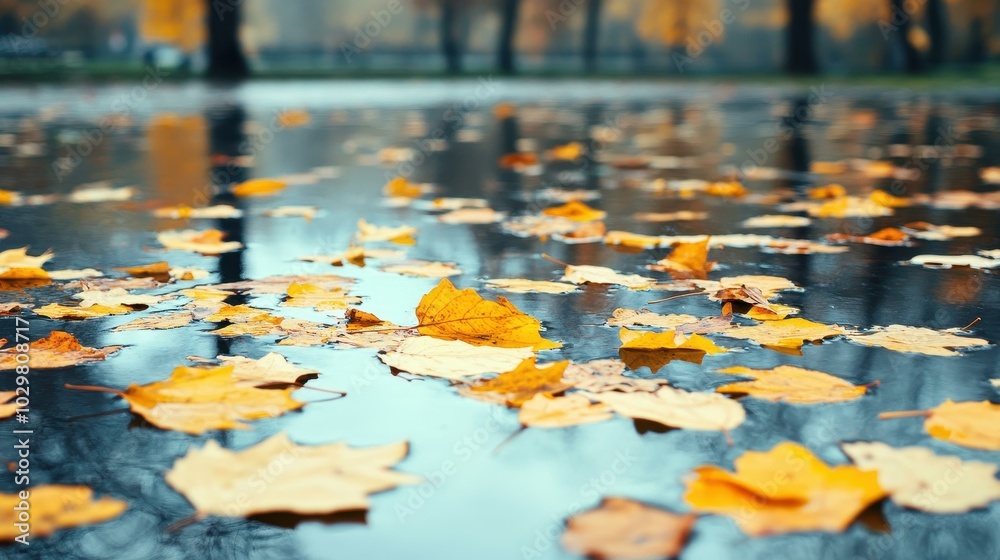 Autumn leaves drift on calm water, creating a stunning blend of chaos and tranquility in a blissful scene.