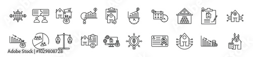 Real Estate Investment thin line icon set. Containing Networking, Negotiation Skills, Property Appreciation, Financial Analysis, Title Insurance
