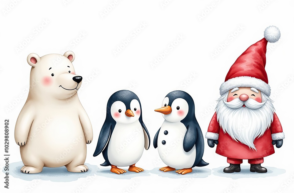 Fototapeta premium Set of watercolor Christmas characters: polar bear, penguin, Santa Claus, snowman and scandinavian gnome isolated on white background 