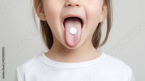 Child Taking Medicine: Close-up of a young girl's face, with a dissolvable tablet resting on her tongue. A candid moment capturing the reality of childhood healthcare. photo