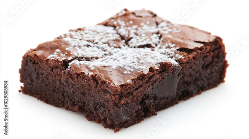 Decadent Chocolate Brownie: A close-up shot of a rich, fudgy chocolate brownie dusted with powdered sugar, capturing its irresistible texture and tempting aroma. 