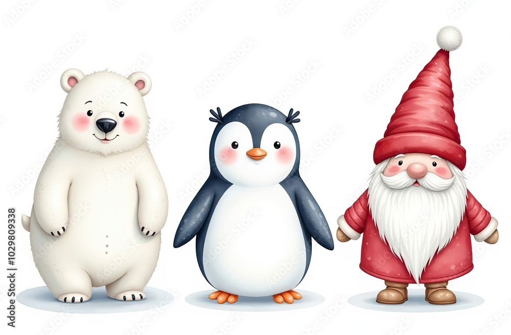Fototapeta premium Set of watercolor Christmas characters: polar bear, penguin, Santa Claus, snowman and scandinavian gnome isolated on white background 