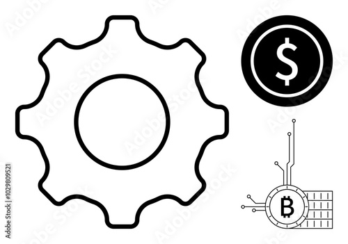 Large gear, dollar coin, Bitcoin urban design. Ideal for technology, cryptocurrency, economic visuals, fintech, blockchain education. Simple black and white vector minimalistic style
