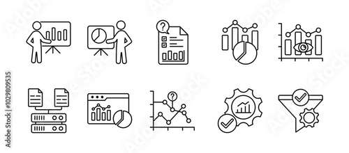 Statistics thin line icon set. Containing presentation, statistician, surveys, statistics, prediction