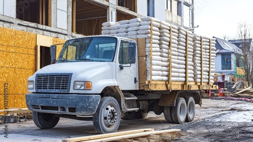A delivery truck unloading building materials such as drywall, cement bags, and lumber.