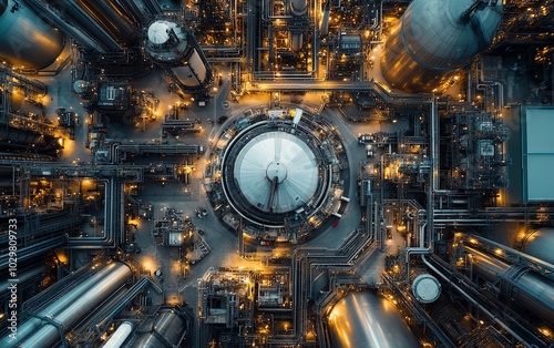 Bird seye view of a cuttingedge industrial sector, with interconnected communication network visuals showcasing modern connectivity in industrial operations photo