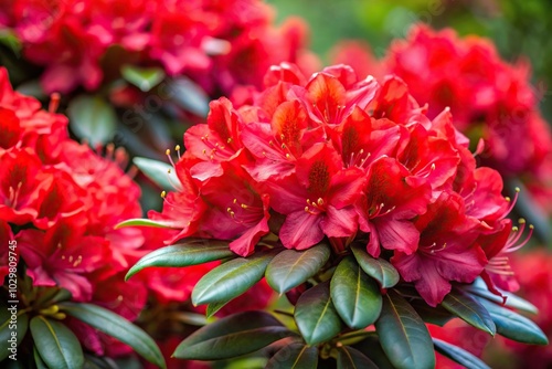 Vibrant red rhododendron flowers on bush